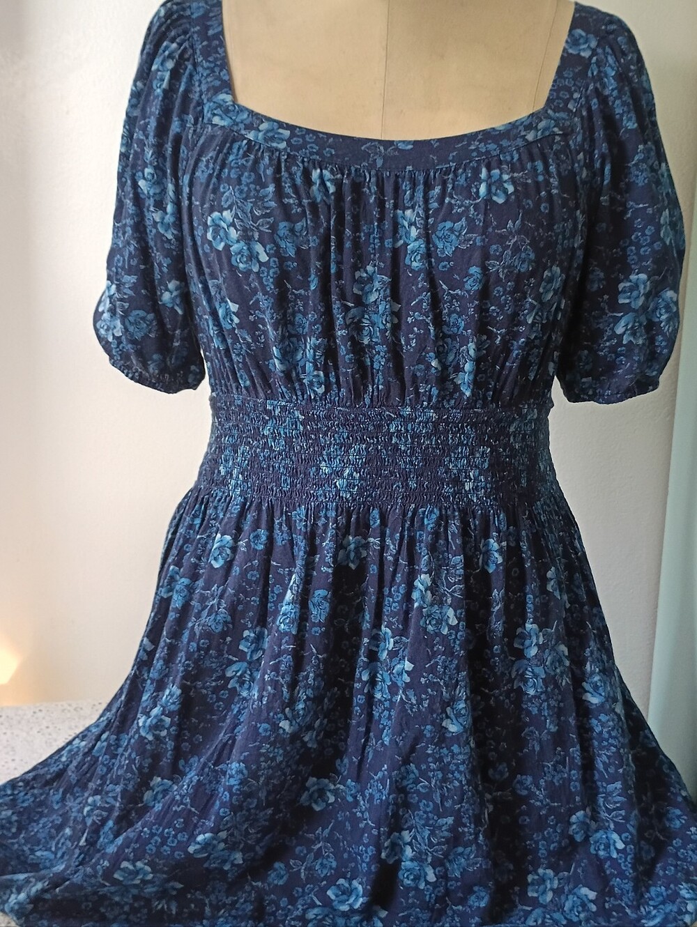 Indigo Blue Milkmaid Style Puff Sleeve Dress
